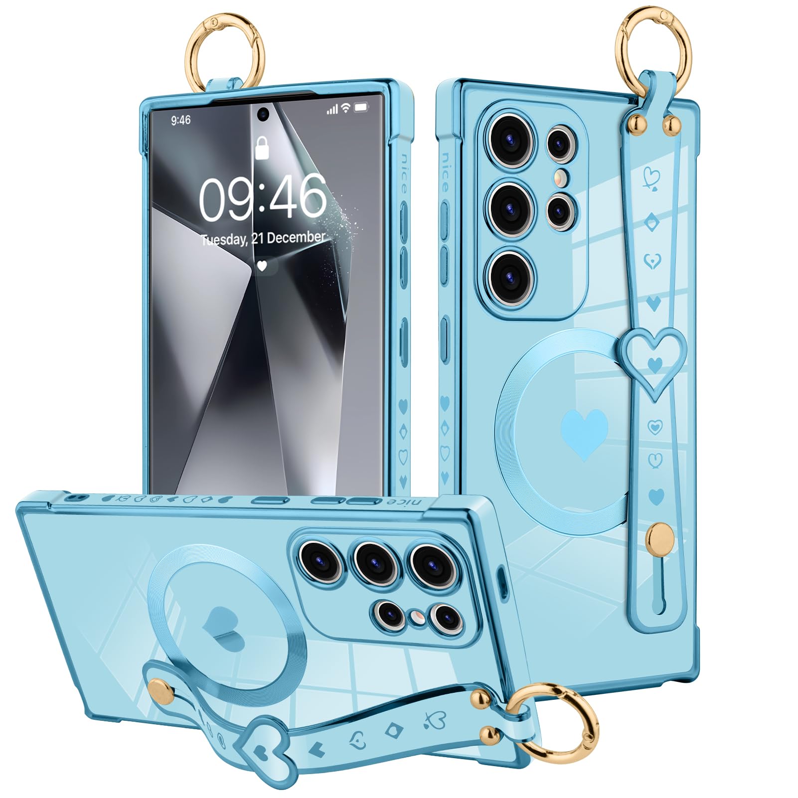 MOWIME Magnetic for Samsung Galaxy S24 Ultra Case with Wrist Strap, Cute Heart Pattern Design for Women Girls Soft Plating Bumper Anti-Scratch