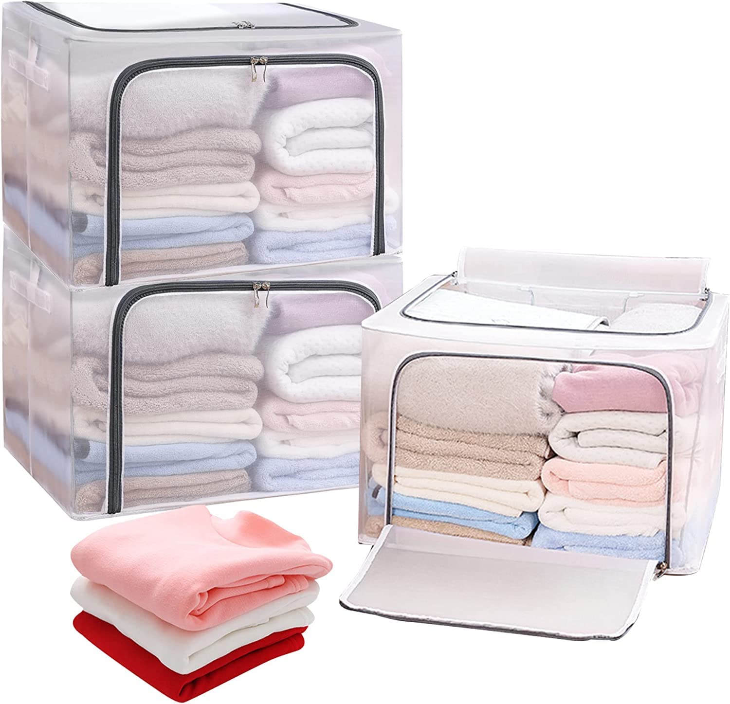 Foldable Clothes Storage Boxes with Steel Frame 66L 3 Pack Transparent Foldable Storage Boxes Double Zipper Clothes Storage Organizer for Clothing Shoe Bedroom(White-3PCS(66L))