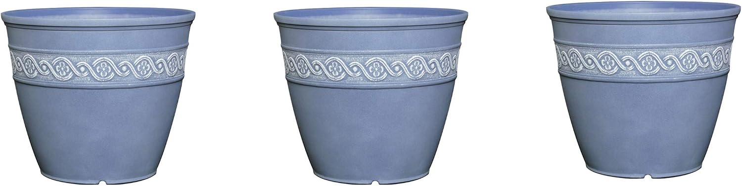 Classic Home and Garden Corinthian Round Resin Flower Planter Pot, Slate Blue 8 (Pack of 3)