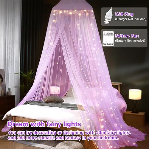Miniatura 9 de Toldo de cama con luces, toldo de cama para niñas princesa con estrellas luminosas, cortinas de cama para cama de tamaño individual a King,