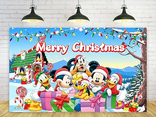 Fondo de fiesta de Navidad de Mickey Mouse - Cartel temático de Navidad de 5 x 3 pies para decoración de mesa de pasteles