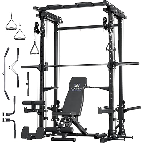 MAJOR FITNESS Drone3 Smith Machine, 2500lbs All-in-One Home Gym Power Rack with Dual Pulley System for Cable Crossover, Pull-Up Bars, T-Bar & Squat Station, Heavy-Duty Full-Body Workout Equipment