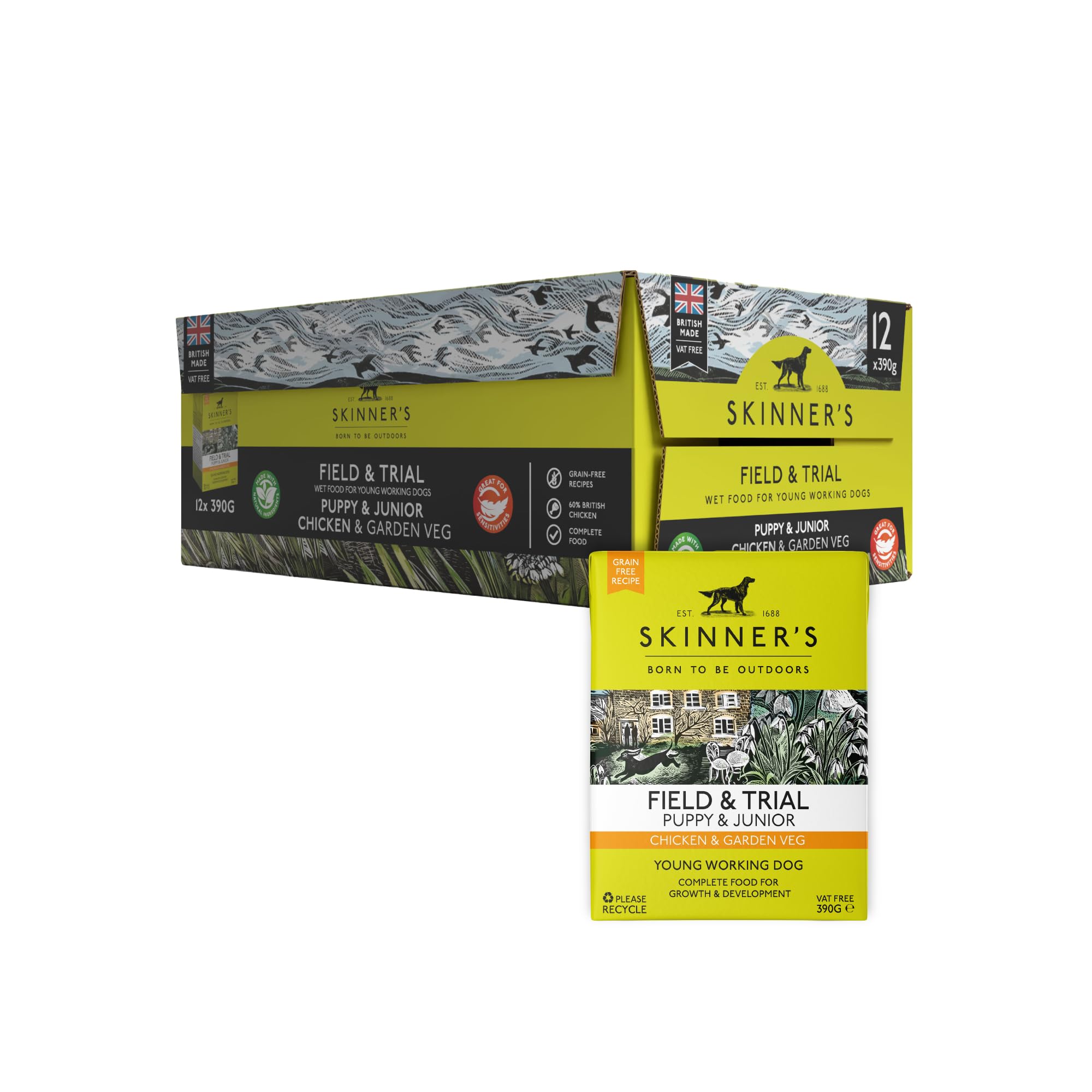 Skinners Field & Trial, Puppy and Junior, Grain Free Chicken & Garden Veg, Wet Puppy Dog Food, Pack of 12 x 390g Cartons