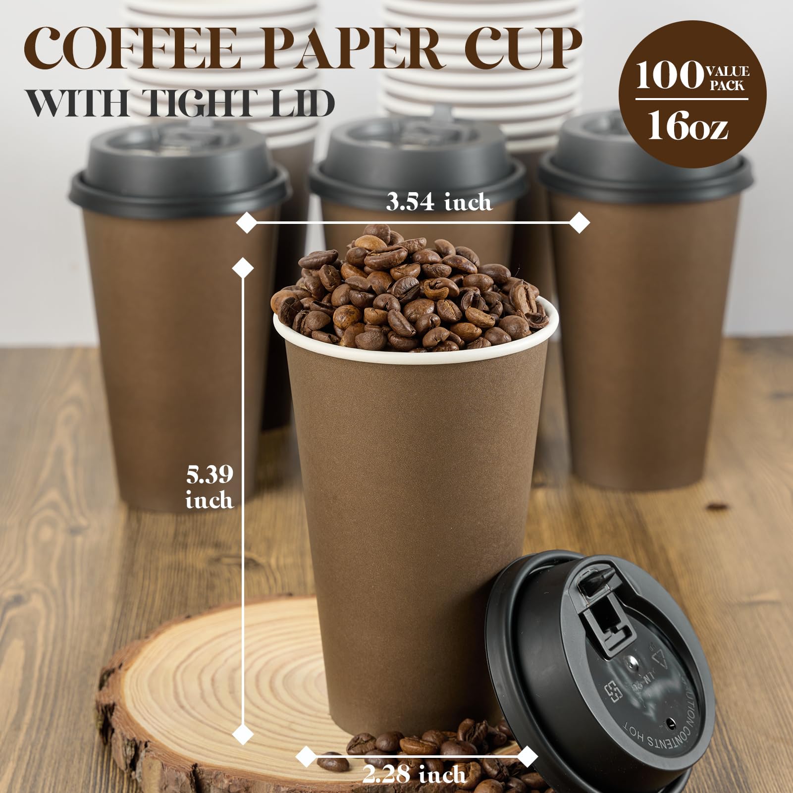LITOPAK Lot de 100 tasses à café jetables en papier marron de 473,6 g avec couvercles, pour café chaud, eau, jus ou thé, tasses à café en papier chaud pour la maison, le restaurant, le magasin et le