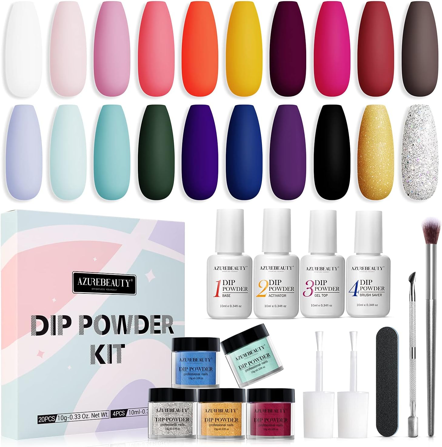 20 Colors Dip Powder Nail Kit Starter, AZUREBEAUTY Acrylic Dipping Powder System Essential Liquid Set with Top/Base Coat Activator Brush Saver for French Nail Art Manicure Extension Beginner DIY Salon