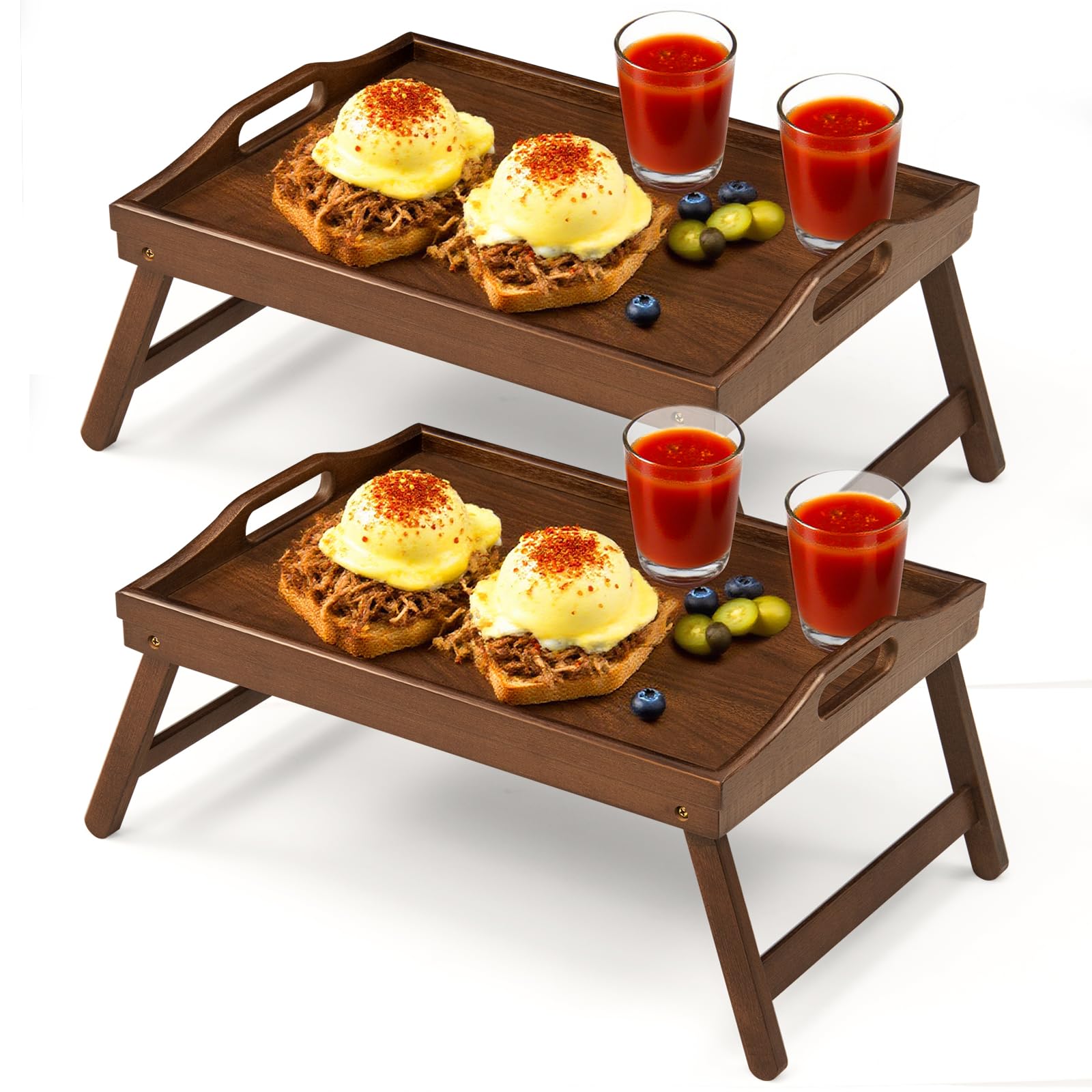 Photo 1 of 2 Pack Bed Tray Table Breakfast Trays Serving Tray Bamboo Bed Laptap with Floding Legs Handles and Phone Holders(Walnut)