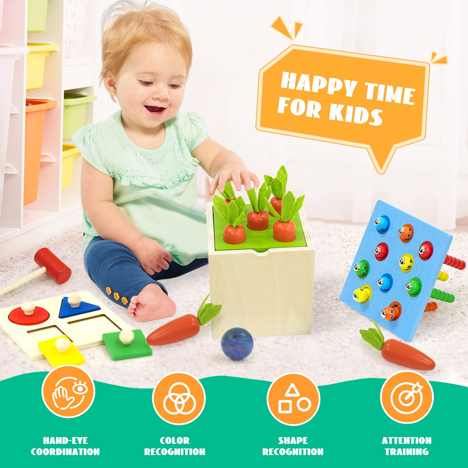 Zabawki Montessori 5 w 1 dla dzieci w wieku 1-2 lat, młotkowe walenie, gra wędkarska, zbieranie marchwi, sortowanie kształtów, gra w łapanie owadów, zabawki sensoryczne dla niemowląt, prezenty dla