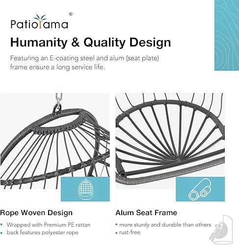 Miniatura 5 de Patiorama Silla columpio de huevo para interiores y exteriores sin soporte silla colgante de ratán de mimbre para patio con cojín capacidad de 350