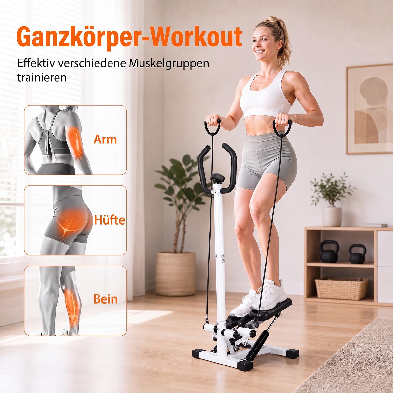 COSTWAY Mini stepper z kierownicą, cichy i antypoślizgowy | Stepper fitness z taśmami oporowymi i wyświetlaczem LCD, hydrauliczny rower treningowy do domu, biura
