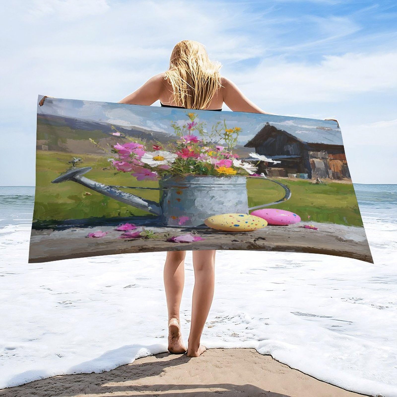Luyysky Colorful Vintage Daisies Flowers Quick-Drying Beach Towel, Rustic Watercolor Spring Mountain Farmhouse Barn Travel Vacation Single Sided Pile Bathroom Towels-80 W Cm X 160" L Cm