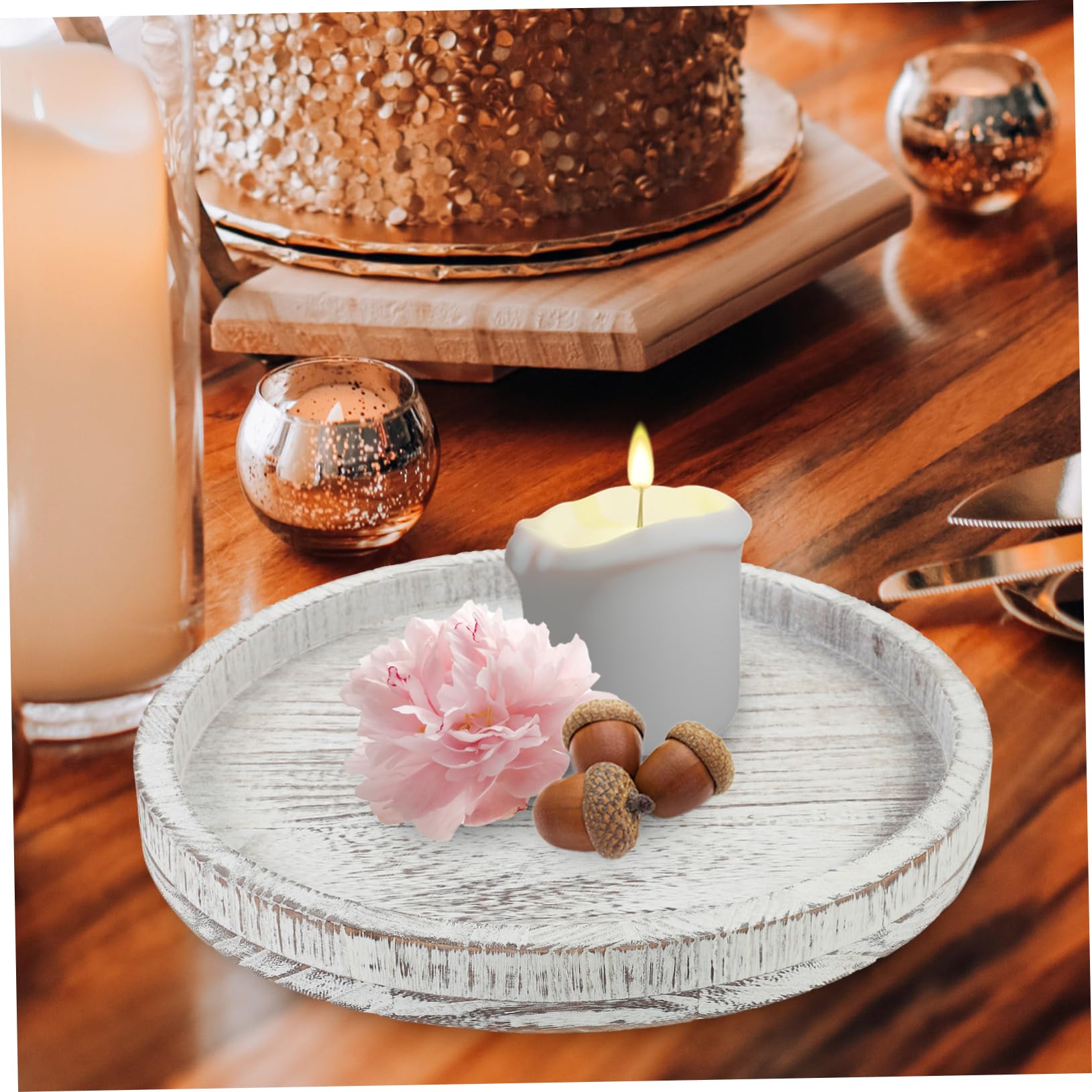 Mobestech Bandeja Redonda de Madera Rústica para Velas Centro de Mesa Elegante para Cocina y Comedor para Decoración