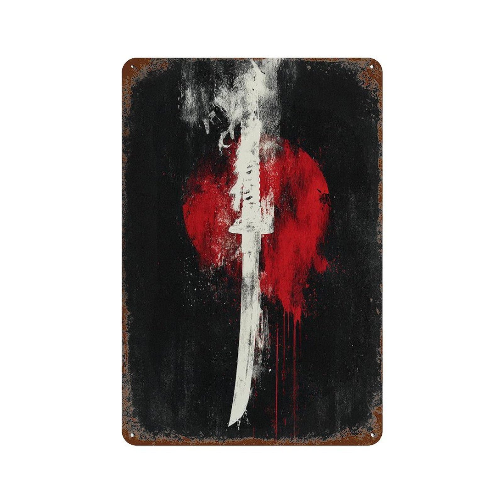 Rust Effect Blood Moon Sword Art Print Rusty Metal Tin Sign 11.8"x7.9", Old School Wall Decor for Pub, Kitchen And Man Cave Decor