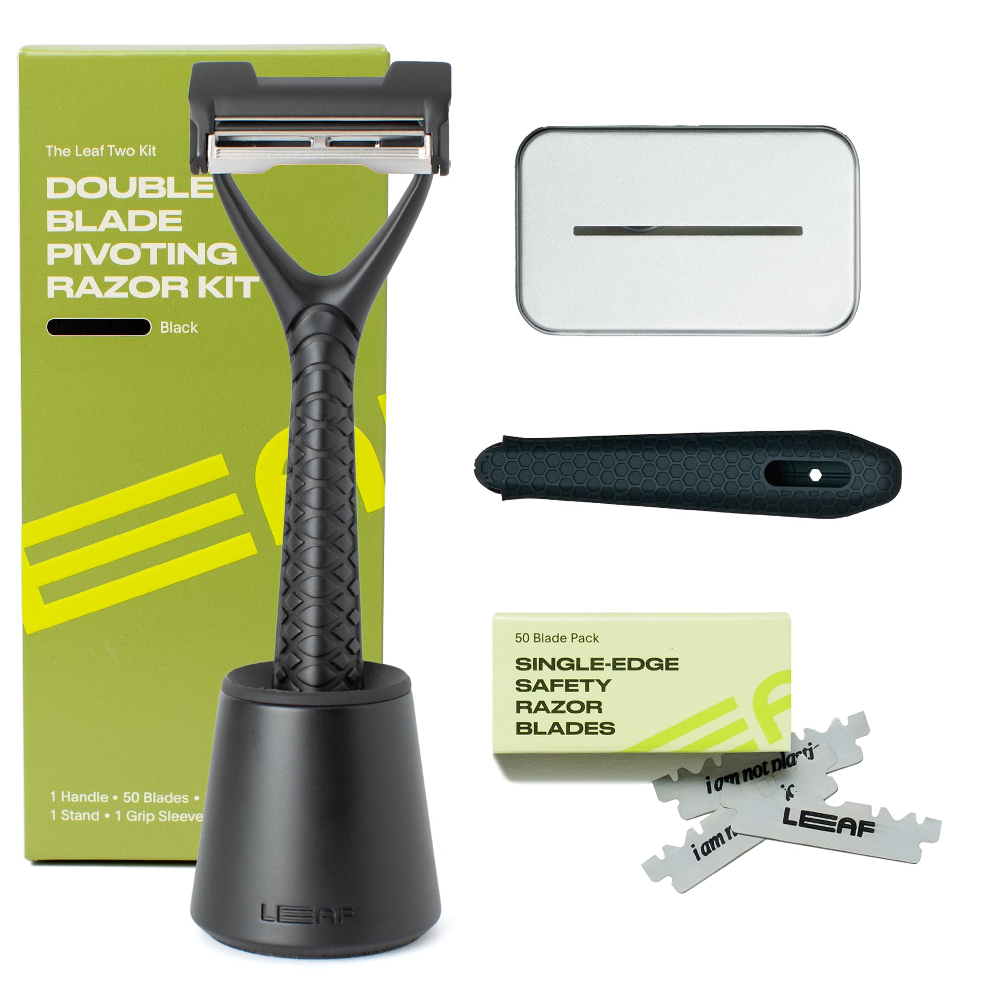 Leaf Shave | Leaf Two Kit, All-Metal, Two-Blade Safety Razor with Pivoting Head, Includes Matching Stand, Black Silicone Handle Grip, 50 Single-Edge Refills, and Recycling Bank for Used Blades - Black