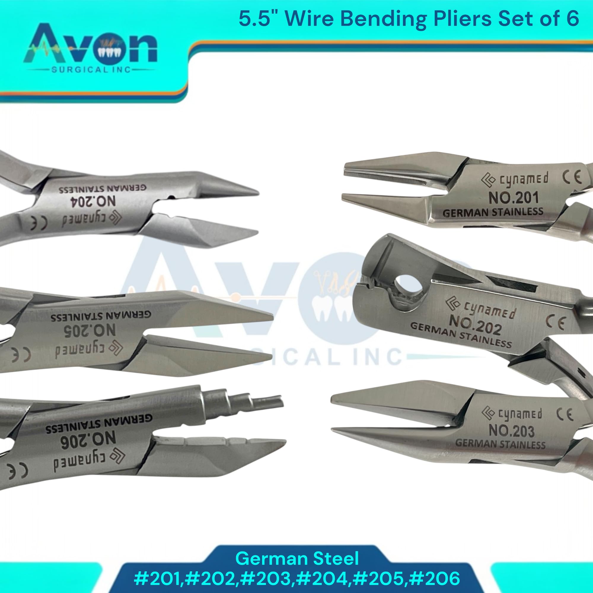 5.5in Dental Pliers for Adjusting, Bending, Loop Forming, and Clasp Making Ortho Wire - Dental Brace Wire Pliers | German Stainless Steel (Set of 6 - No. 201,202,203,204,205,206)