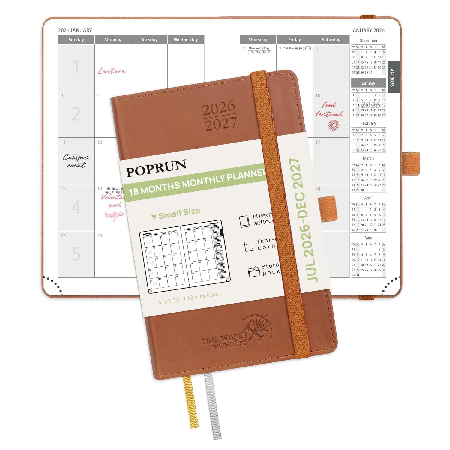 POPRUN Month to View Diary 2026-2027 A6 (16x10.5cm) Pocket (18-Month: Jul'26 - Dec'27) Monthly Planner Soft Cover Small 26/27 Diary, Sunday Start(Brown) — image 1