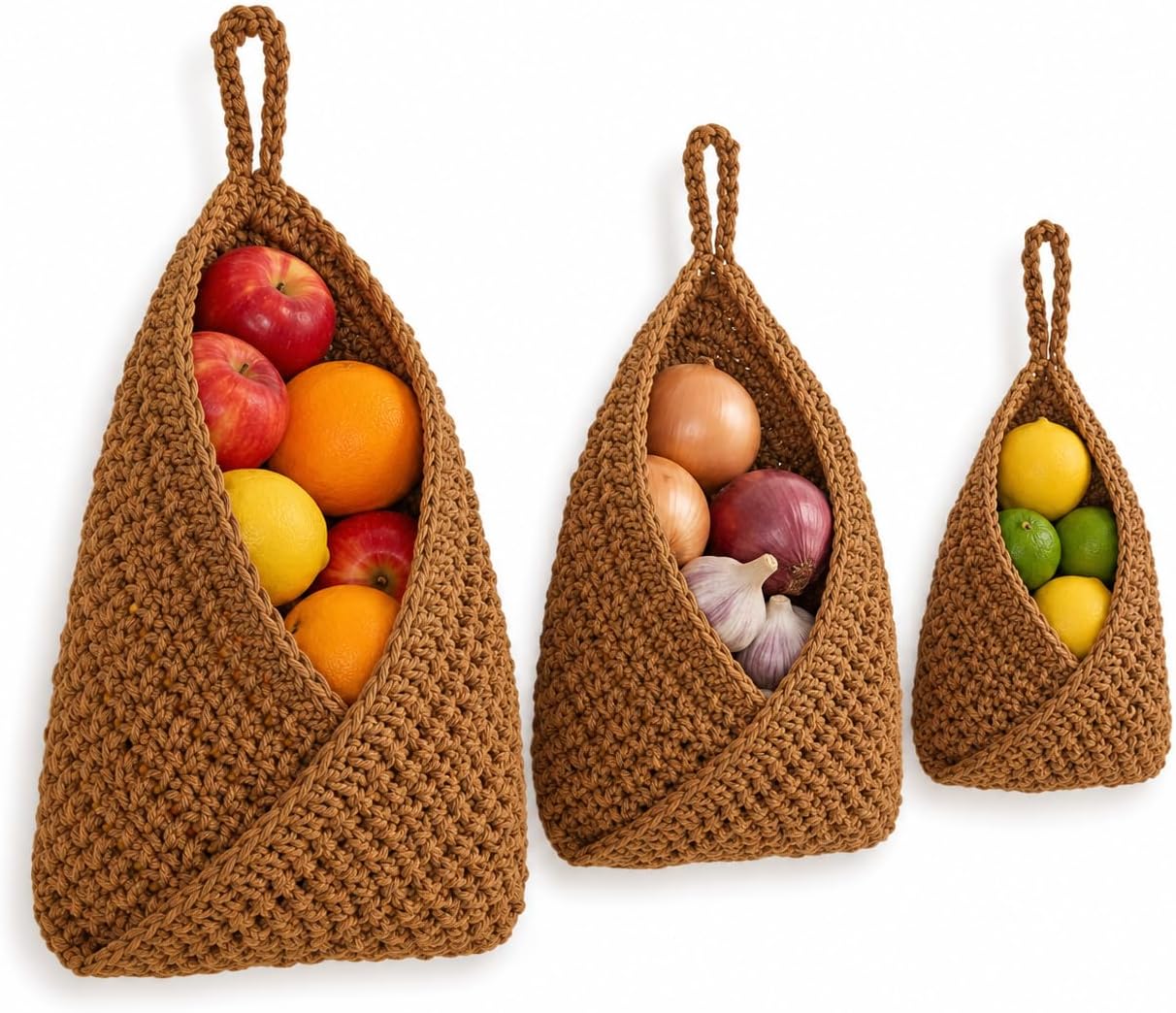 Hanging Fruit Baskets for Wall, 3 Pack Handwoven Cotton Baskets for Storage