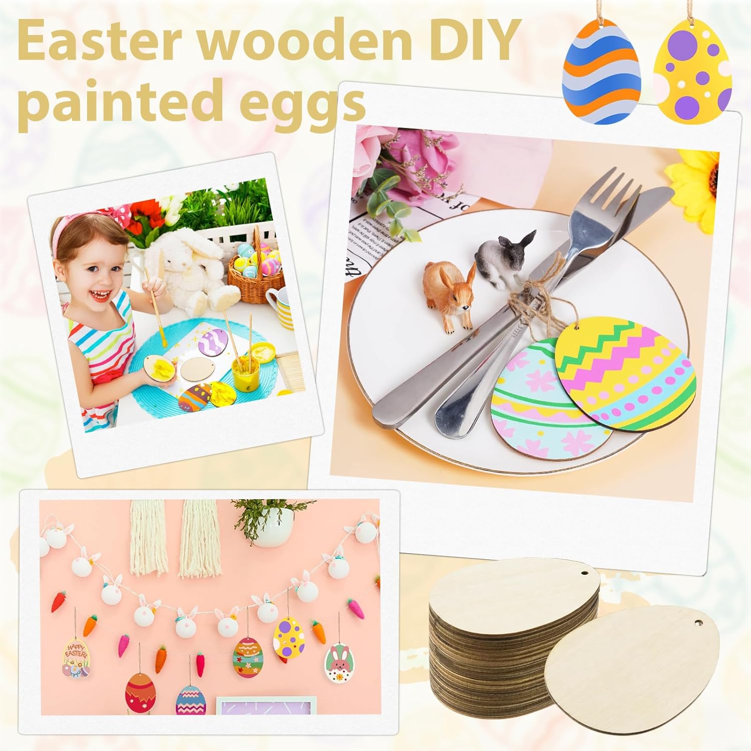 Pack of 24 Easter Eggs for Painting, Wooden Eggs for Painting with 10 Strings, Easter Eggs Wood for Hanging, Easter Crafts Children for Hanging, Easter Decoration, Wood, Hole Wooden Pendant for