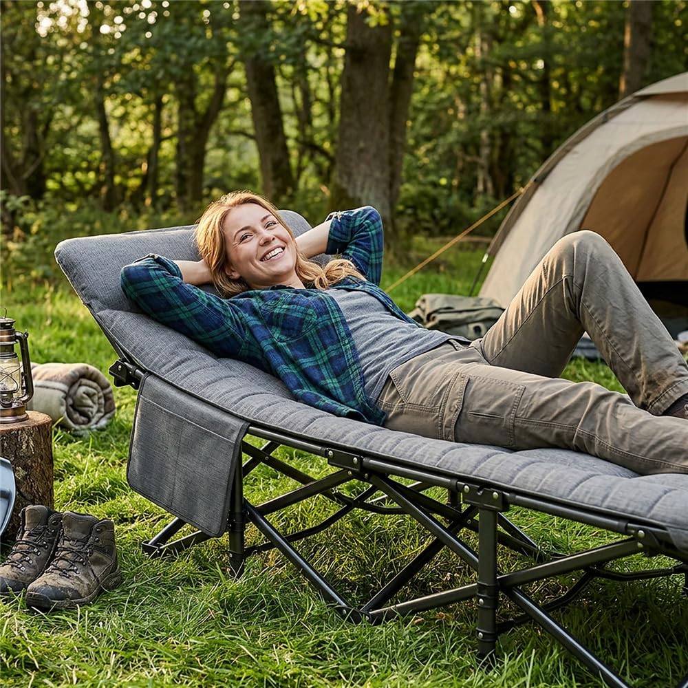 Lit de Camping Pliable avec Oreiller et Poche Latérale, Lit de Camp Rembourré 190 x 65 cm, Cadre en Acier jusqu’à 200 kg, Lit d’Appoint Portable avec Sac de Transport pour Camping, Jardin, Bureau