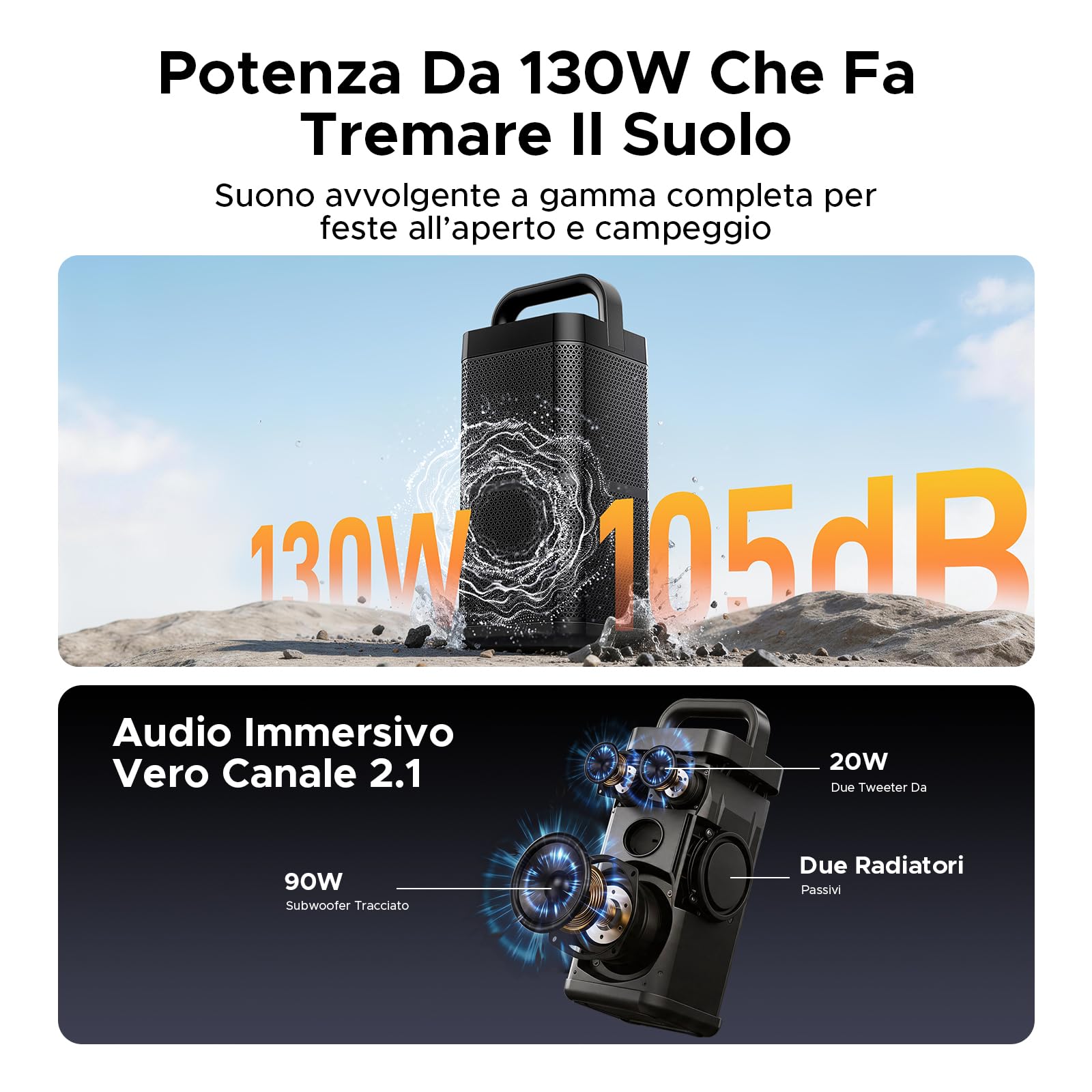 Tough Block Pro Cassa Musica Portatile, Cassa Con Microfono Portatile, Altoparlante Resistente, Audio Potente, Batteria Lunga Durata per Esterno, Viaggi, Feste, Uso Domestico - Nero