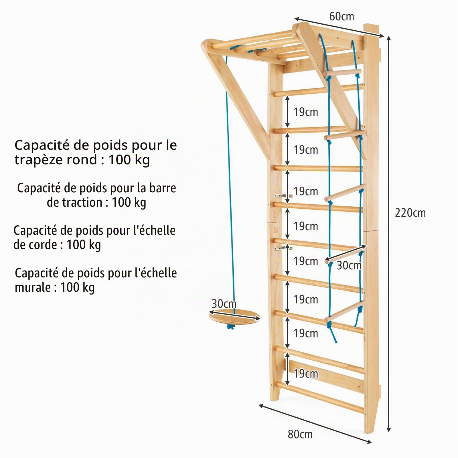 HOMASIS Espalier suédois avec échelle de corde et trapèze rond en bois, espalier de gymnastique échelle d'intérieur pour entraînement, mur d'escalade pour enfants et adultes, charge maximale de 100 kg