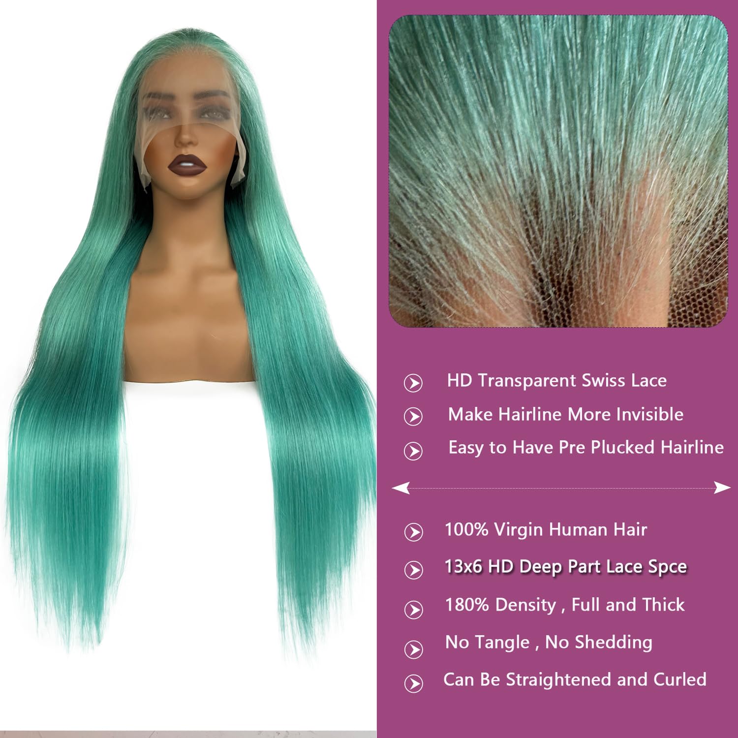 Ubetta Aqua Blue Lace Front Wigs Human Hair Glueless Transparent 13x6 Lace Front Wigs Human Hair Pre Plucked 20 Inch Colored Turquoise Wig Human Hair 180% Density HD Lace Frontal Wigs for Women