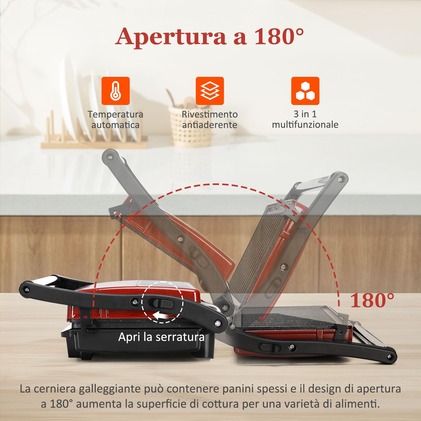 Aigostar Tostapane Piastra/Griglia Elettrica e Sandwich Maker 3 in 1, Con Piastra Antiaderente, 23 x 14,5 cm, Apertura a 180º, Temperatura Automatica, Piastra Elettrica per Cucinare 1000W, Warme