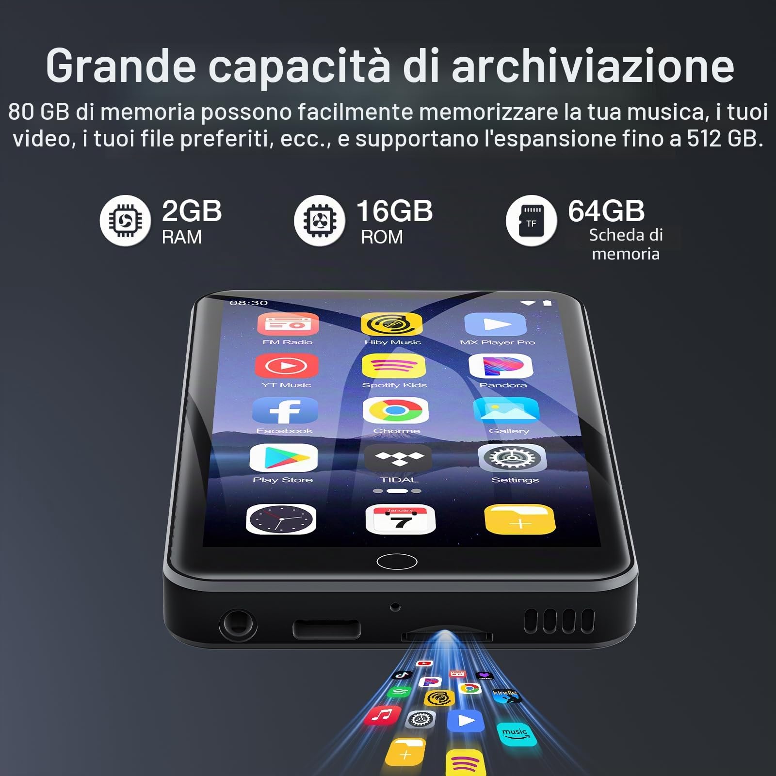 Diofox Lettore MP3 Spotify, Lettore MP3 da 80GB con Bluetooth WiFi, Touchscreen da 4,0 pollici, Lettore musicale streaming Android, Amazon Music, Deezer, radio FM, Play Store - Nero