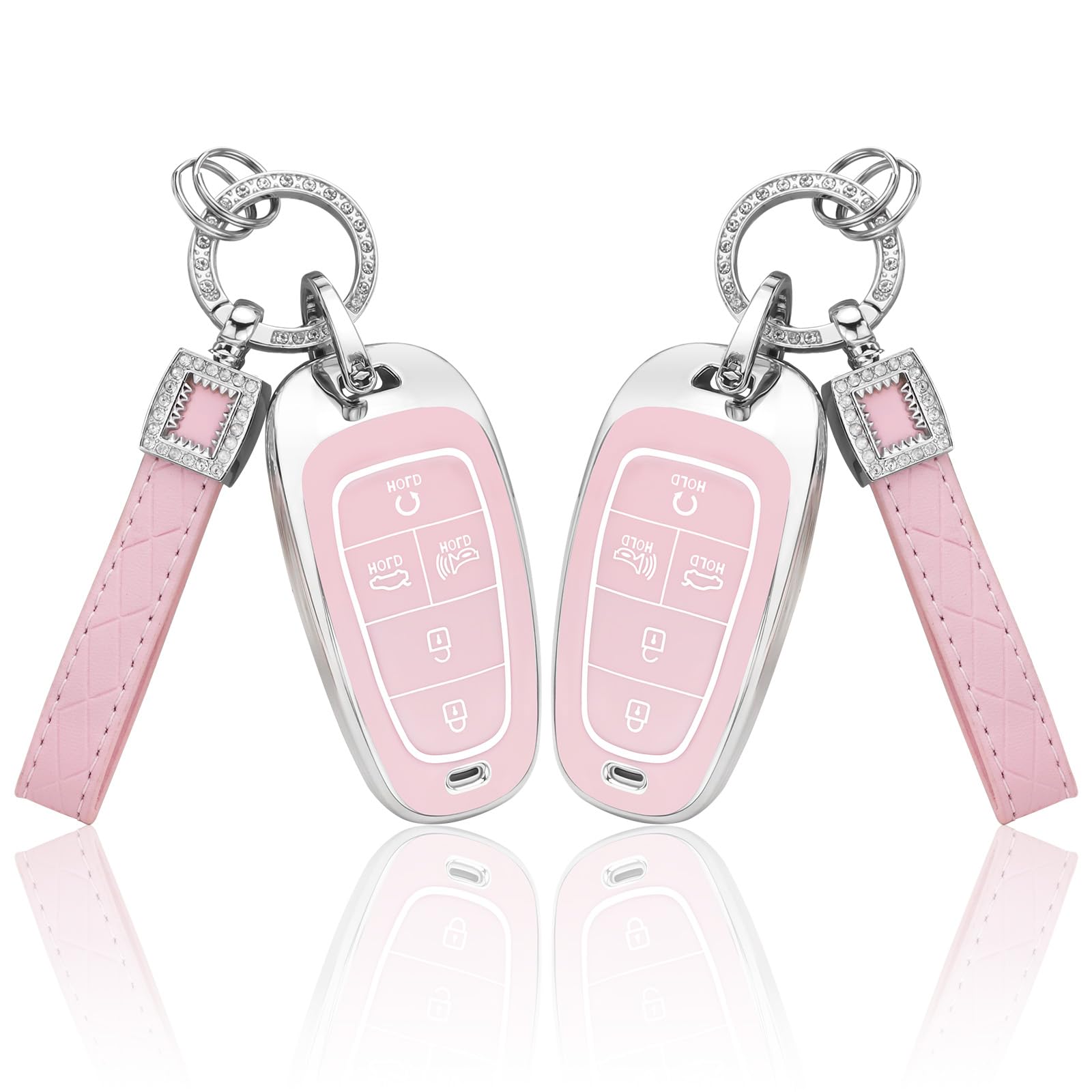 1797 2 Pack Key Fob Cover for Hyundai Tucson Sonata Fe Cruz Palisade Ioniq 5 Button Pink Key Chain Case Shell Accessories Bling Cute TPU