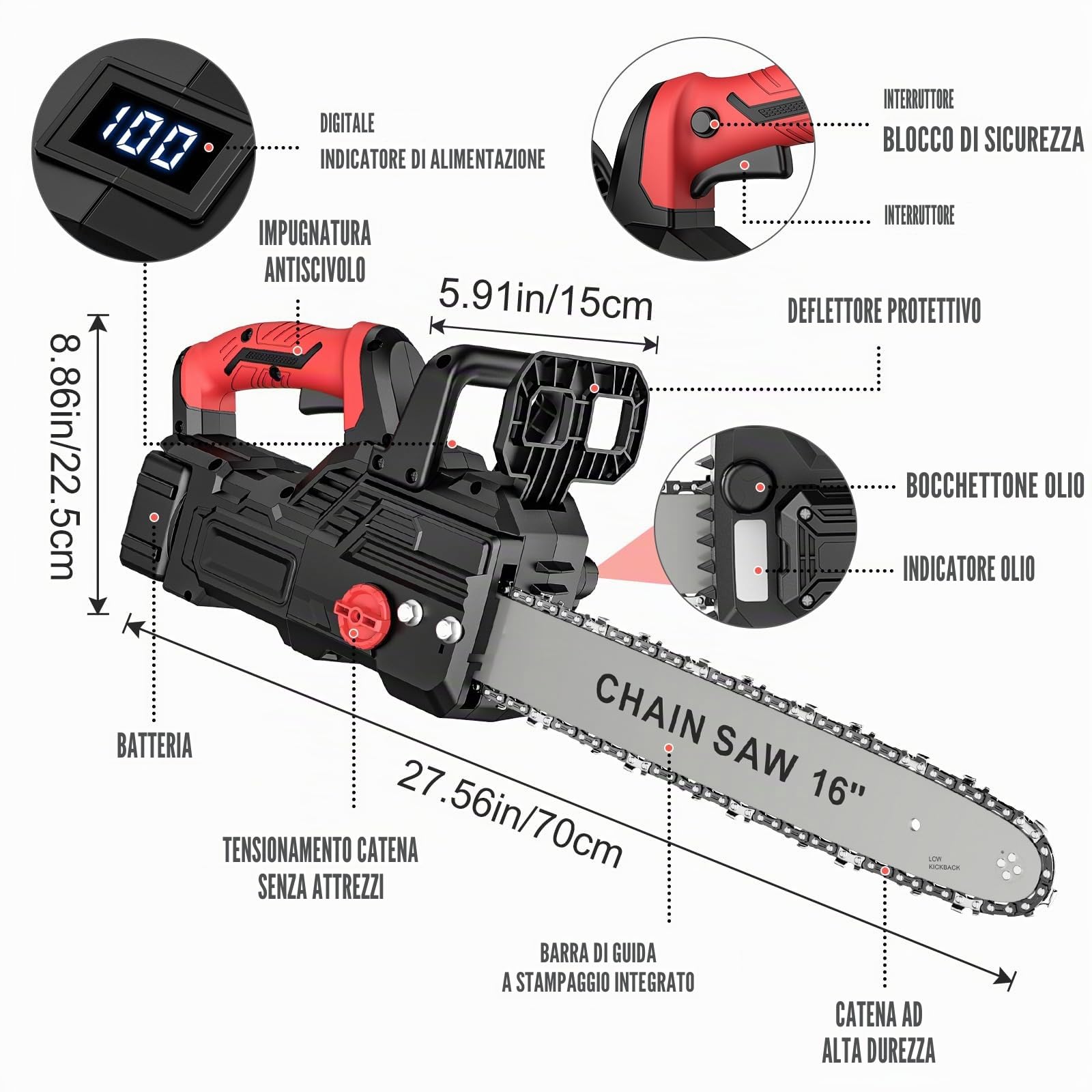 Motosega a Batteria 12+16 Polci, Motosega Elettrica Senza Fili con 2 x 4,0 Ah Batterie, 1050W Motore Brushless, Display LCD, Lubrificazione Automatica, Tensionamento Catena senza Utensili