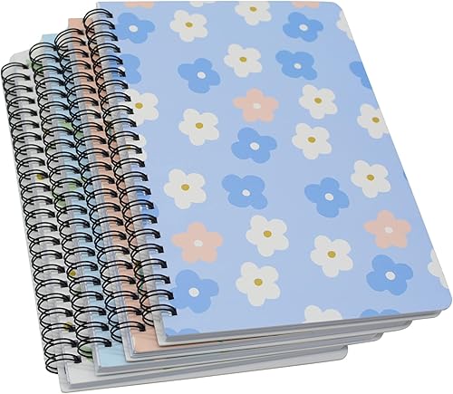 Yansanido 4 cuadernos en espiral A5, tapa dura gruesa con diseño de margaritas de 0.315 in, 4 colores, 80 hojas (160 páginas) para estudio y notas
