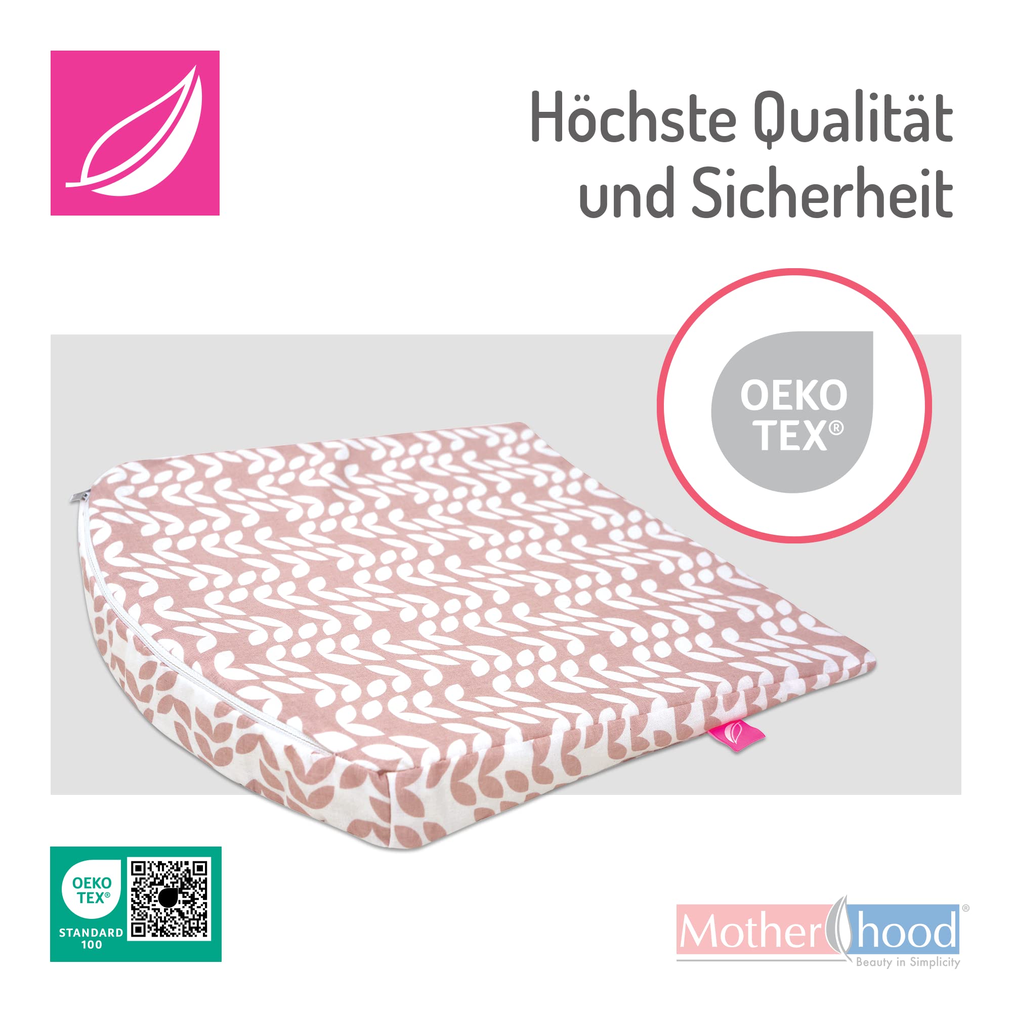 MOTHERHOOD Baby Keilkissen 30x30cm ideal für Kinderwagen, Stubenwagen, Öko-Tex Standard 100. Inkl. abnehmbarem Bezug aus 100% Baumwolle, Blatt rosa classiscs
