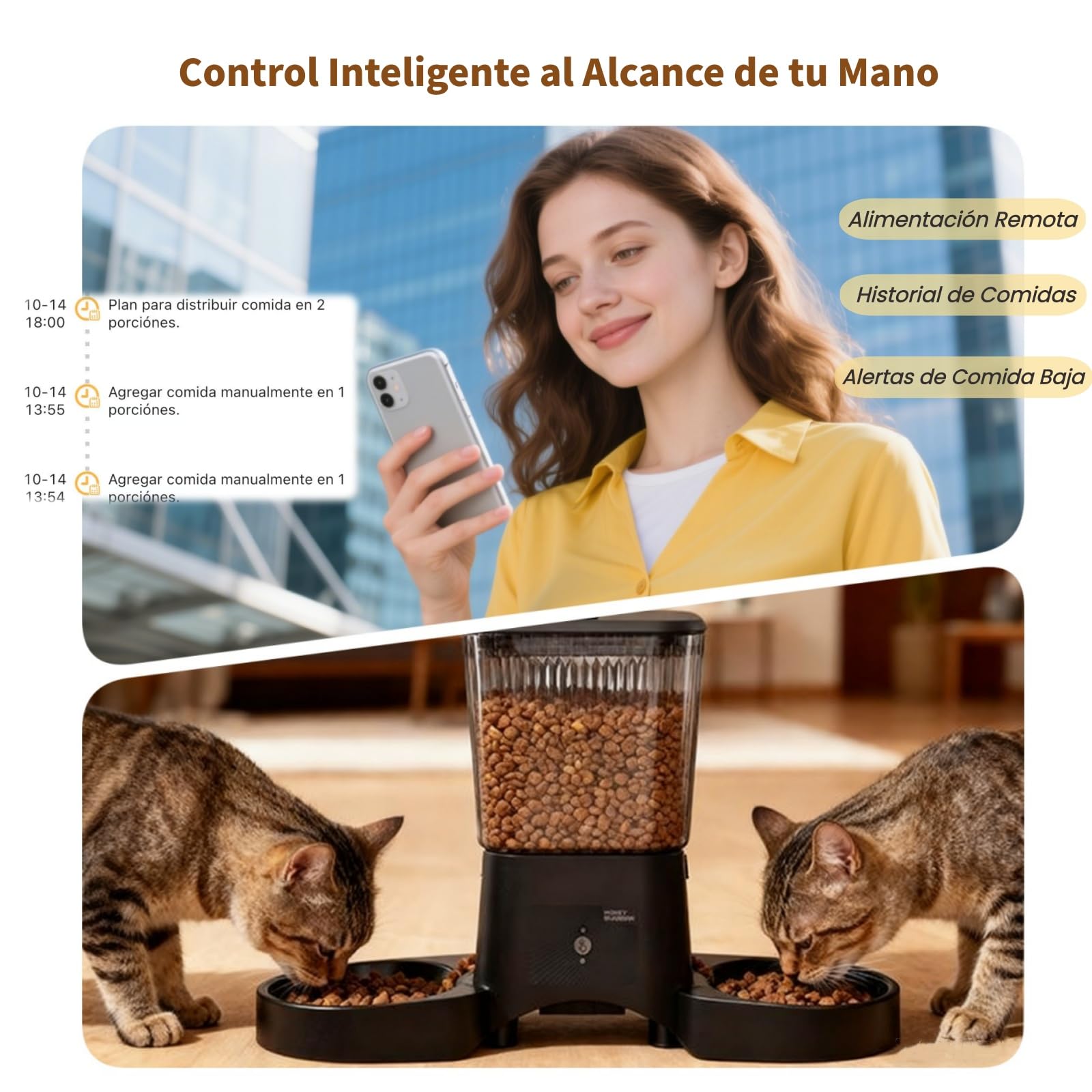 Comedero Gato Automatico 5G WiFi, HONEYGUARDIAN Dispensador Comida Seca Gatos Perros, Alimentador Automatico Gato Fácil Operación con Control App, 4 Cuencos (Acero inoxidable + Lento), 1-6 Comidas/Día