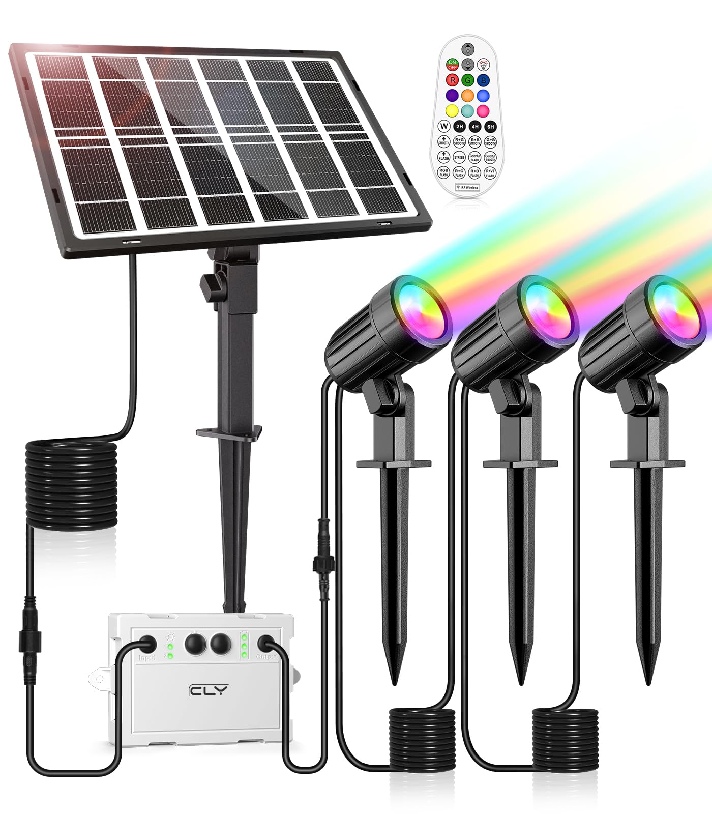 CLY Luces Solares Led Exterior Jardin RGB, 30 Modos Dinámicos Focos Led Exterior Solares 10 Colores 2 Brillo Luz Solar 5000mAh Temporizador Lamparas Solares Jardin IP66 Impermeable 3 EN 1