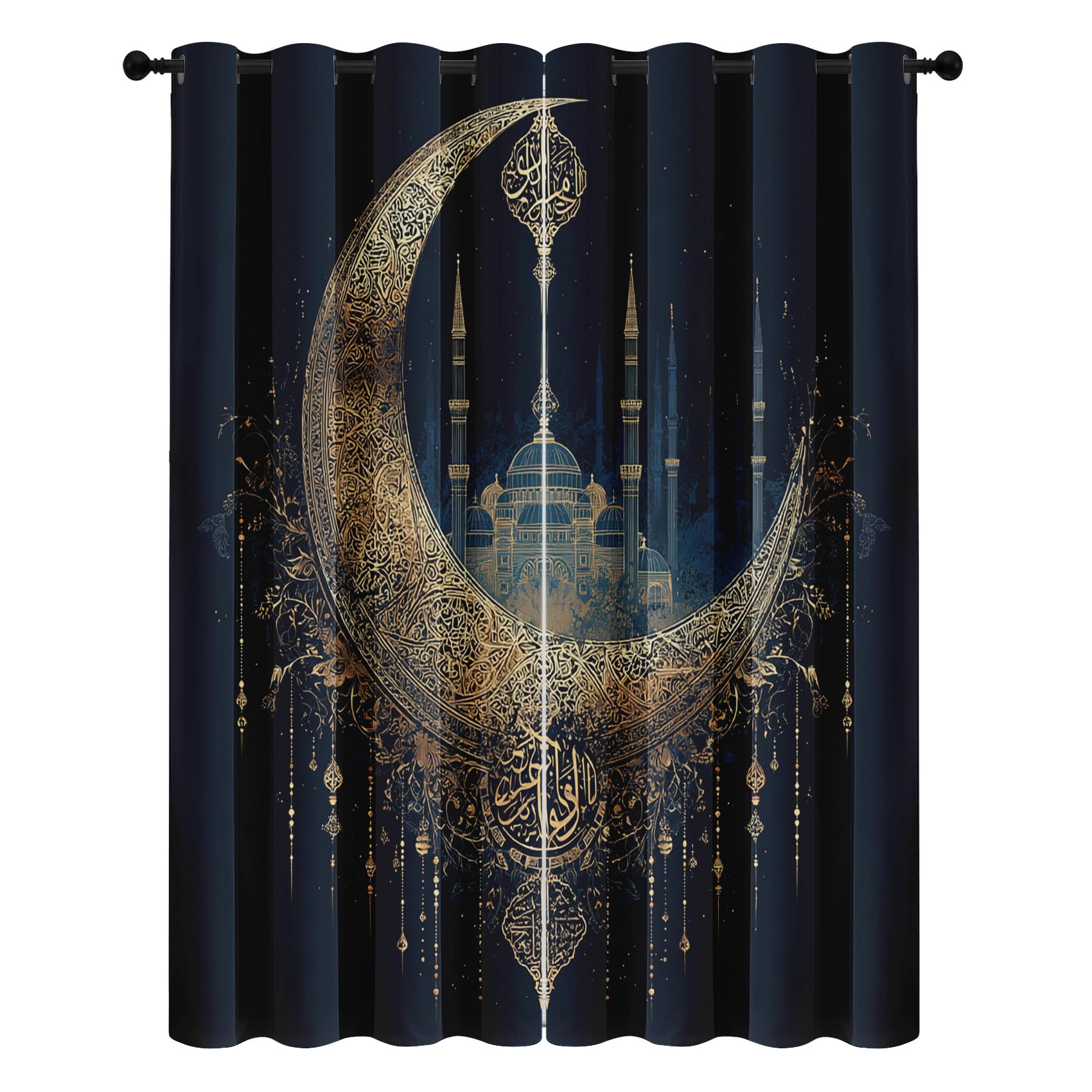 Blackout Curtain Ramadan Eid Mubarak, Muslim Islamic Curtains Eyelet Thermal Insulated Window Drapes for Bedroom Living Room 2 Panels 52 x 96 Inch