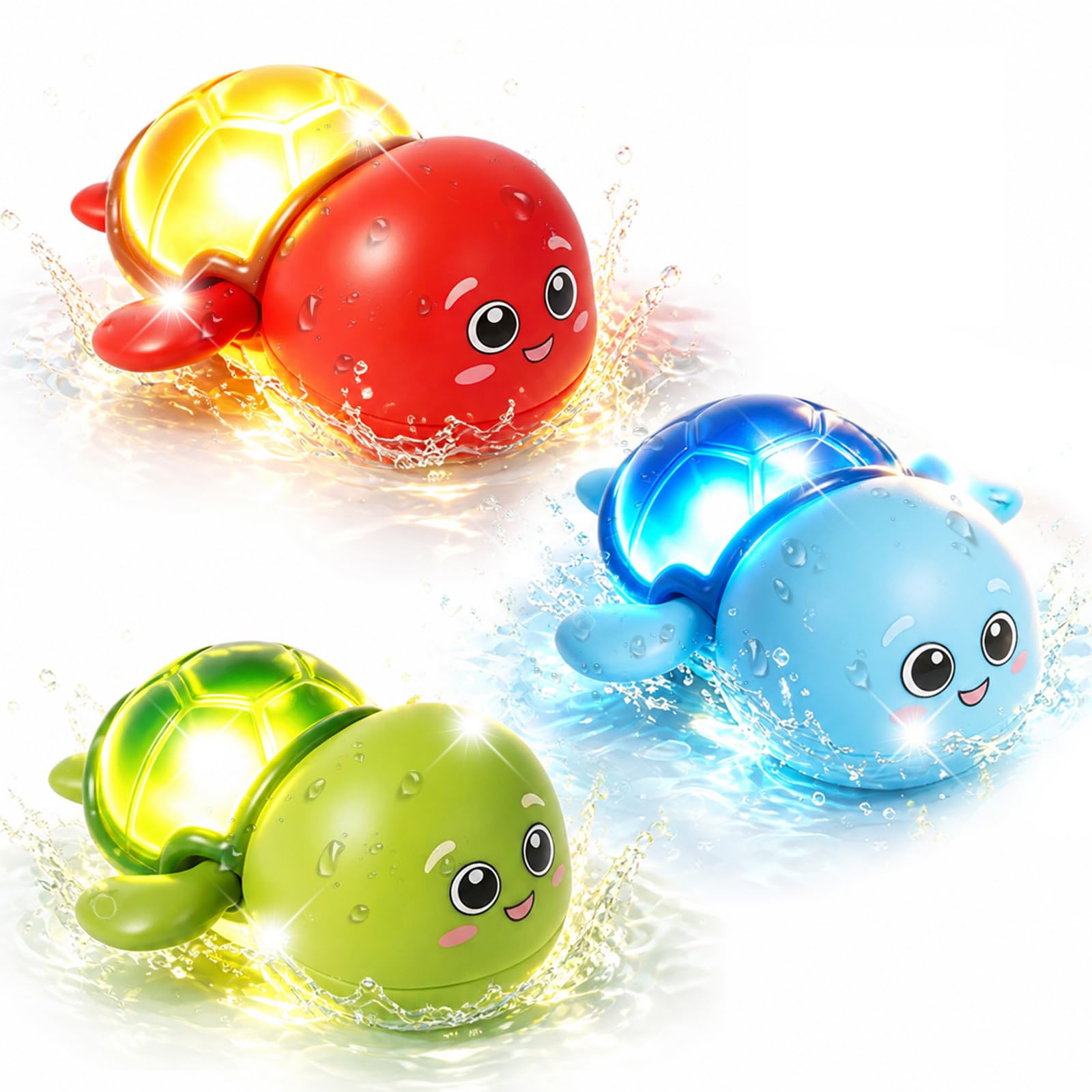 Turtle Light Up Bath Toys for 1-3 Year Old, Water-Activated LED with Color Flashing Lights, Pool & Bathtub Toys for 1-4 Year Old Boys Girls, Wind-up Infant Baby Toys, (3 Pack)