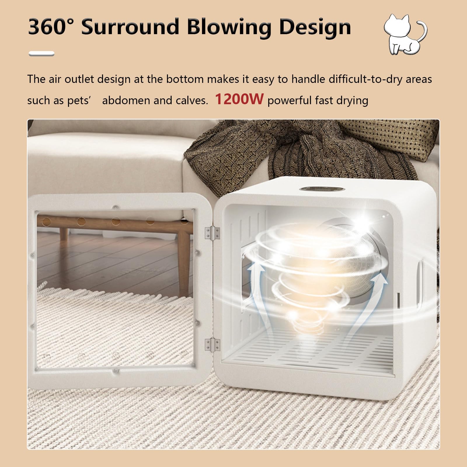Caja secadora automática para mascotas de 65 L, ultra silenciosa, 360 grados, para gatos y perros pequeños, temperatura y tiempo ajustables, 1200 W, 220 V