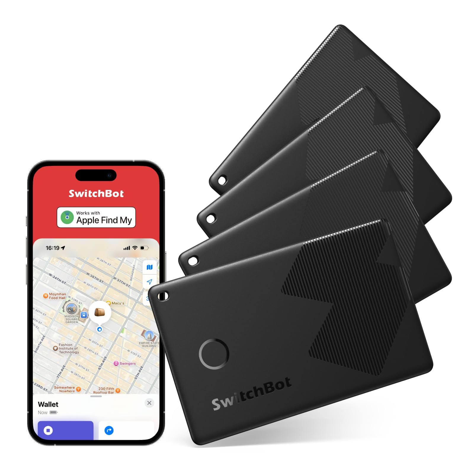 SwitchBot Wallet Finder Card 4 pezzi, Smart AirTag compatibile con Apple Find My, Bluetooth Tracker per chiavi, telefoni, bagagli, fino a 3 anni di batteria, Resistente all'acqua e alla polvere