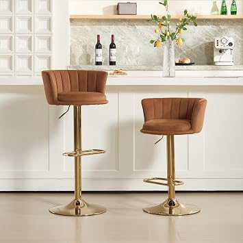 Gold Bar Stools Set of 2, Base 360 Swivels Velvet Adjustable Height Bar Stools with Back & Footrest, Kitchen Island Chairs for Cafe Pub Counter