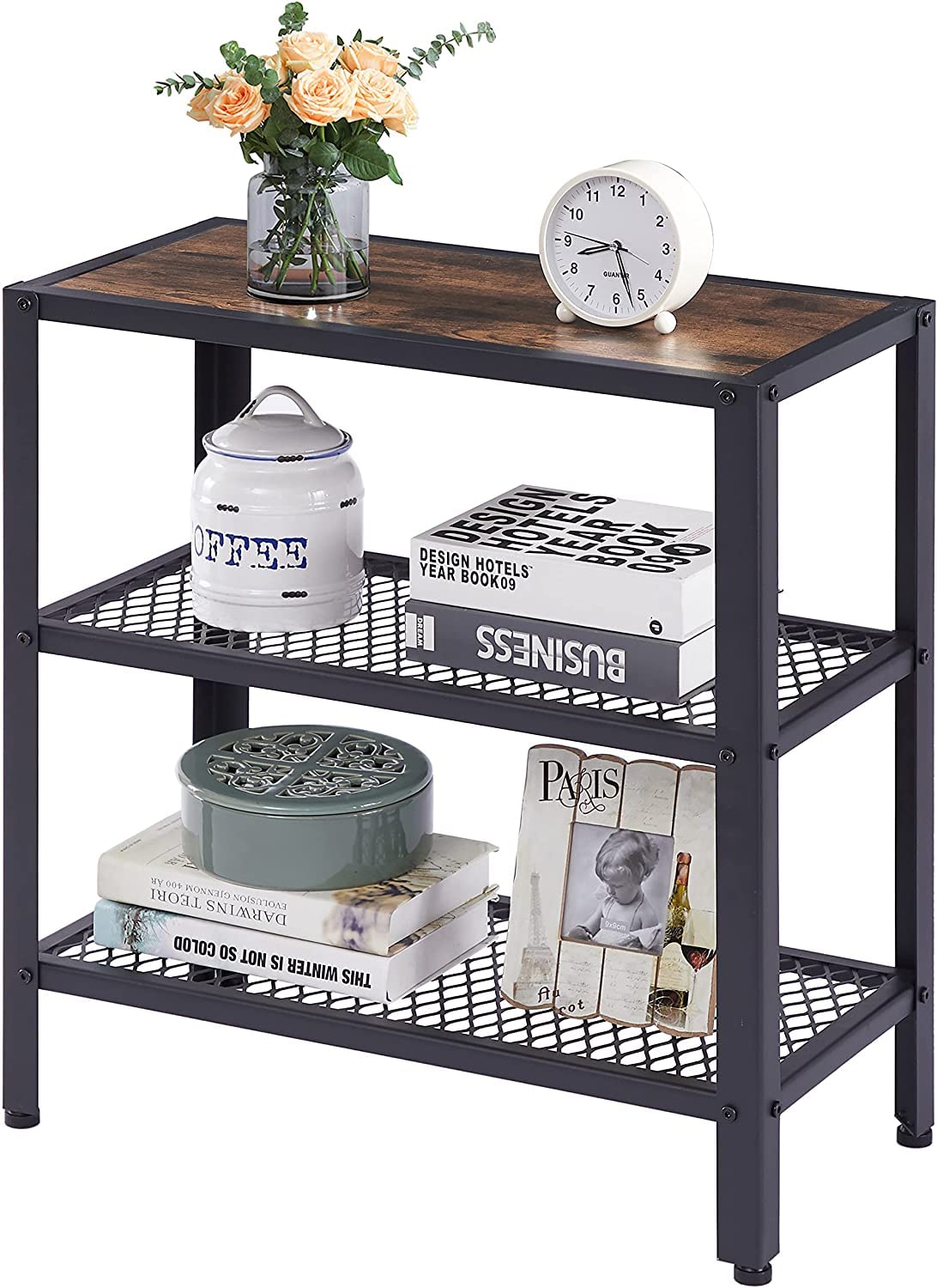 Indian Decor 39213 Classic 3-Tier Side Table, End Table, Shelving Unit  Storage Rack, Rustic Brown Wood Decorative Table for Hallway, Living Room,  Bedroom, Office, Matte Black : Amazon.in: Home & Kitchen