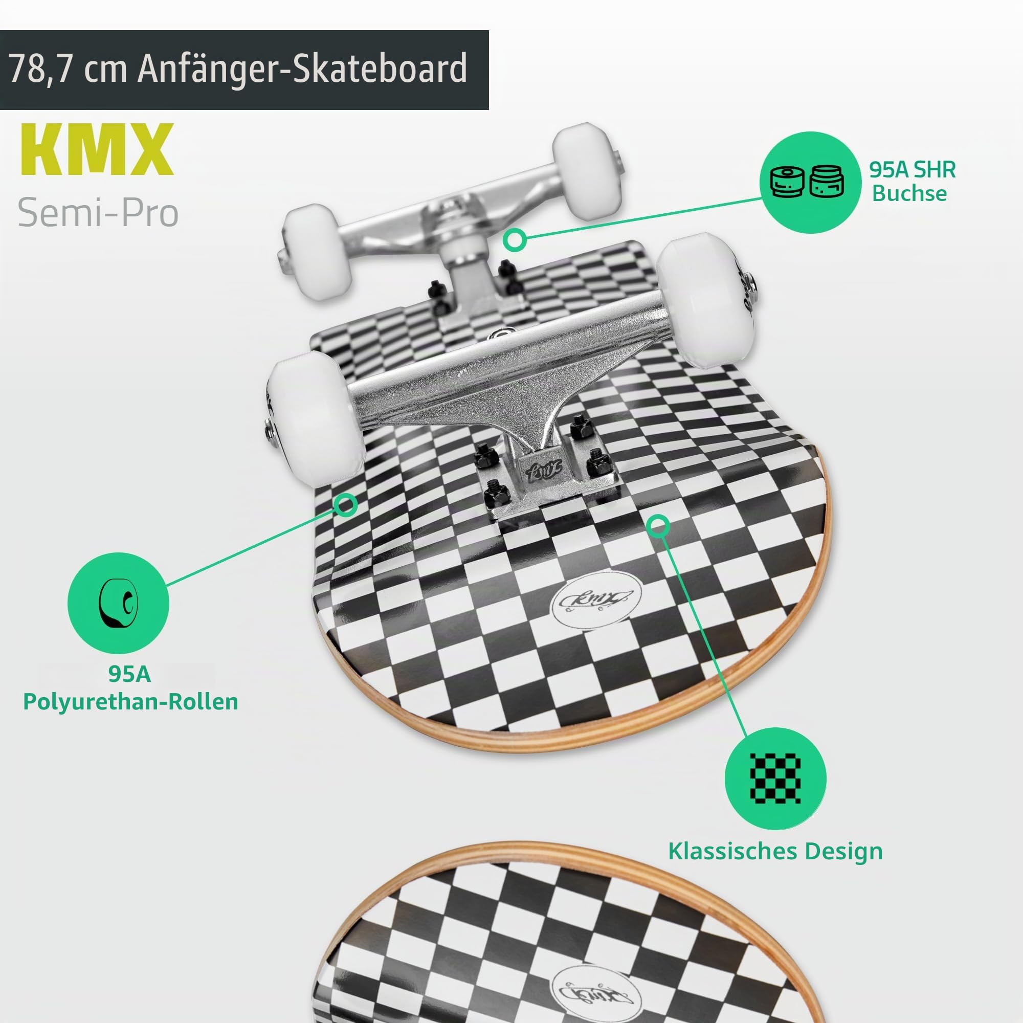 KMX Komplett Anfänger Skateboard mit coolem Design, Skate-Tool | für Jungen,Mädchen,Kinder,Schüler,Erwachsene,7-Lagiges Ahorn-Deck,Double Kick Concave,Aluminium-Achsen,PU-Rollen