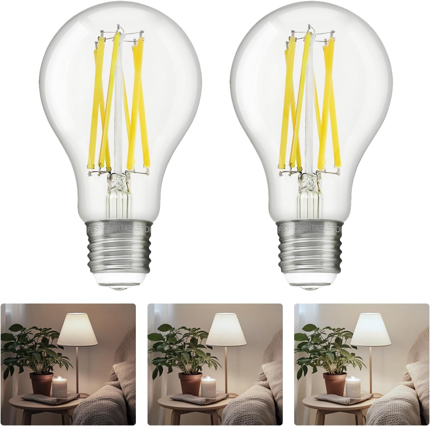 FLSNT 3 Way LED Light Bulb E26 Standard Base, 50W 100W 150W Equivalent, 3-Way Dimmable A23 LED Clear Light Bulbs, 5000K Daylight,800lm-1600lm-2200lm 2 Pack