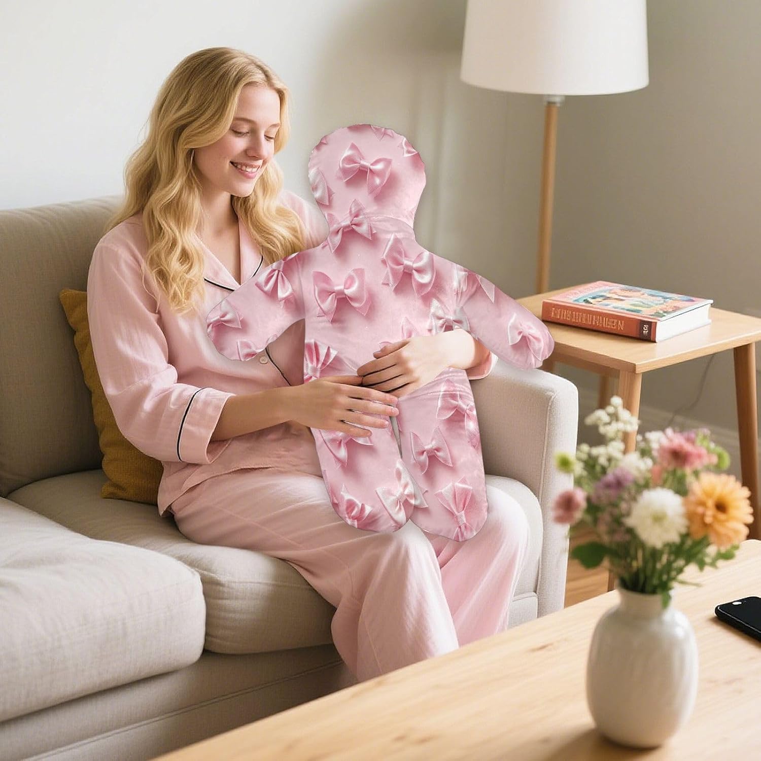 Ribbon Bows Human-Shaped Pillow Soft Body Pillows Washable Velvet Pillows for Anxiety Relief Sleeping Cuddling & Support
