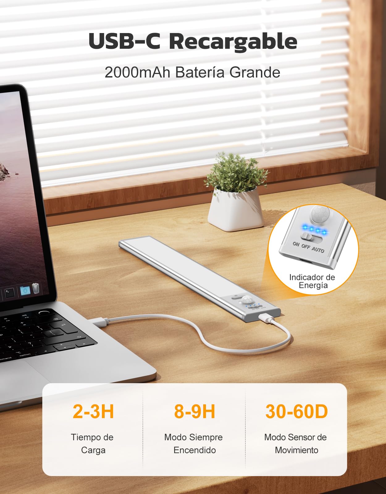 Luces LED Cocina Bajo Mueble [2 Piezas], 6000K 35 LEDs Luz Armario con Sensor de Movimiento Magnética Adhesiva, 3 Modos 2000mAh Recargable Luz Nocturna para Pasillo, Sótano, Escalera, Gabinete