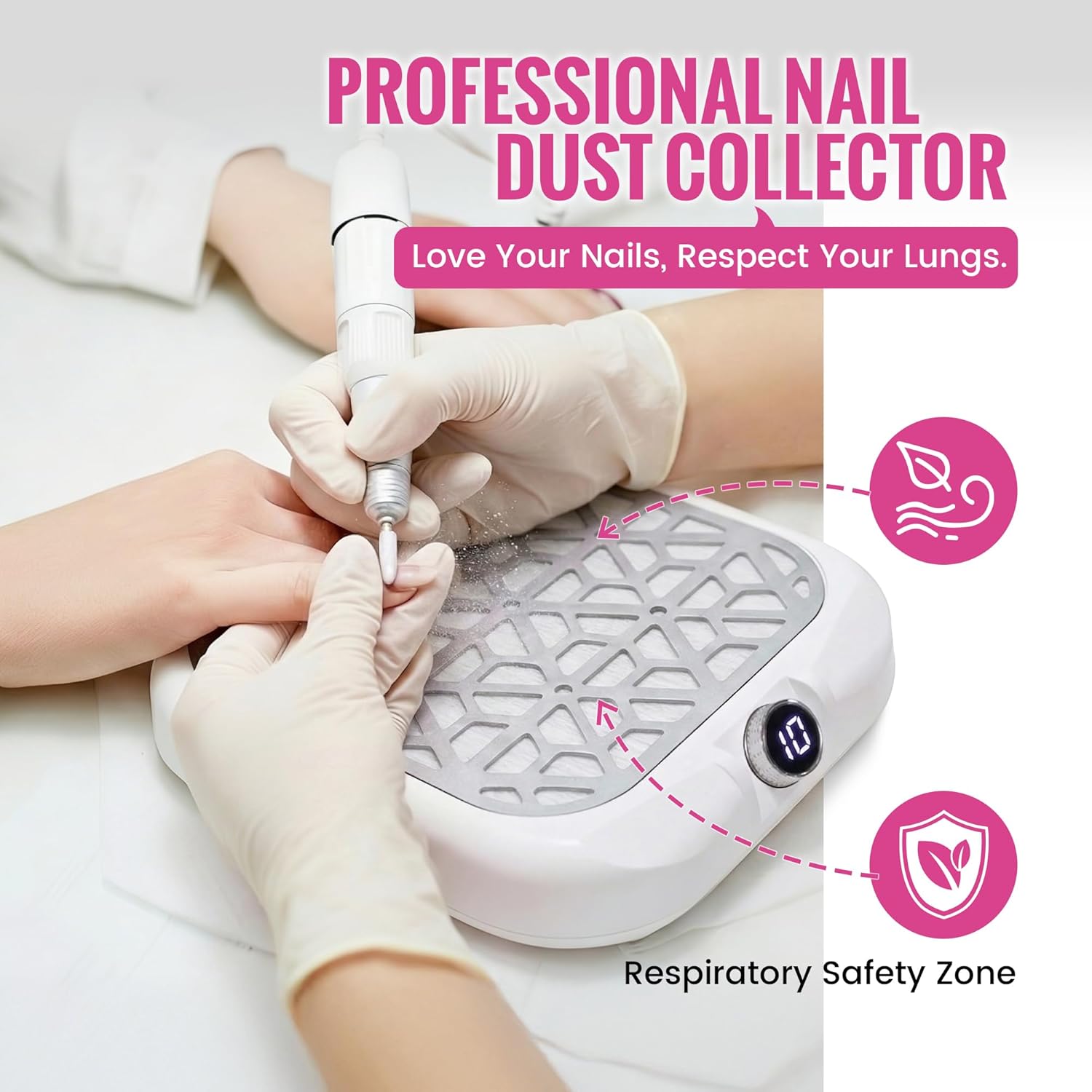 Nail Dust Collector - Professional Powerful Dust Collector Nail Tech with LED Display, 10 Suction Modes, Acrylic Nail Tools with 30 Disposable Filter Papers, White