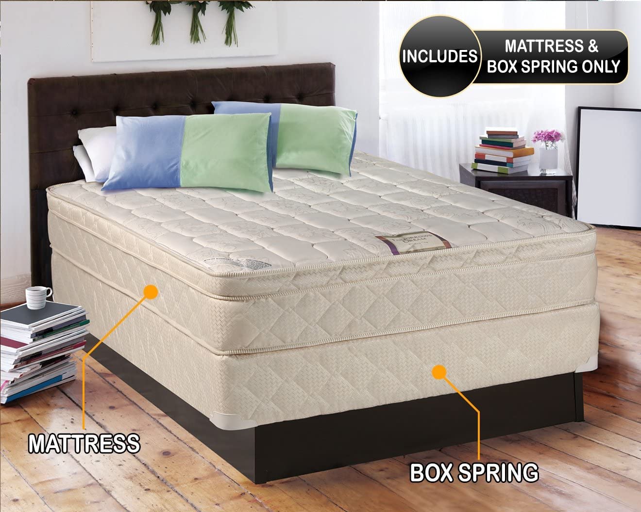 DS Solutions USA Tomorrow's Dream Innerspring PillowTop (Eurotop) Full Mattress Set with Mattress Cover Protector - Sleep System with Enhanced Cushion Support, Quilted Fabric and Longlasting Comfort