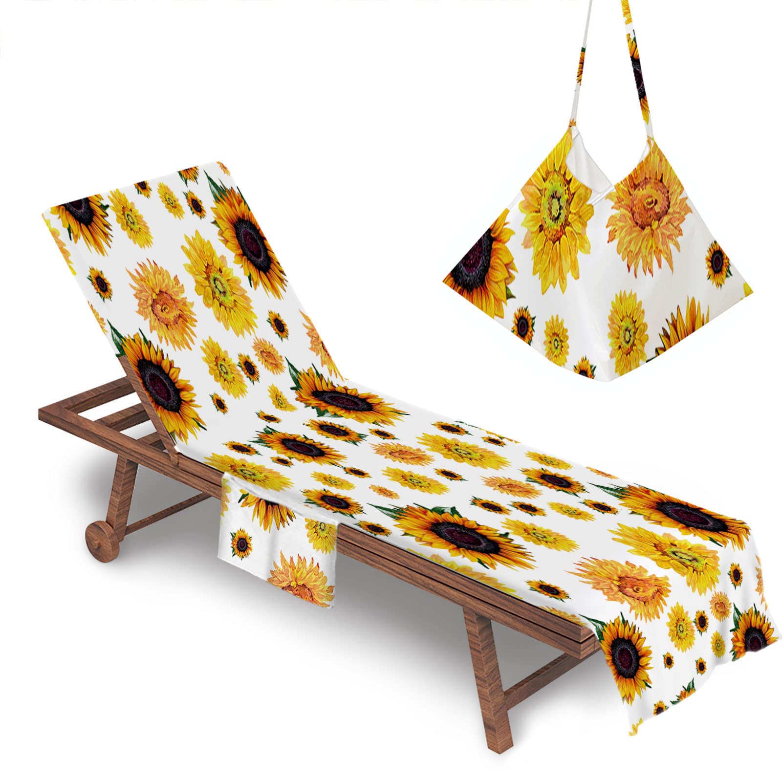 RRrawgff Beach Chair Cover Towel, Sunflower Pattern Beach Towel Lounger Bags with Pockets Sunbed Towels Fitted Microfiber Sun Lounger Towels for Summer Garden Pool Vacation (Yellow Sunflower)