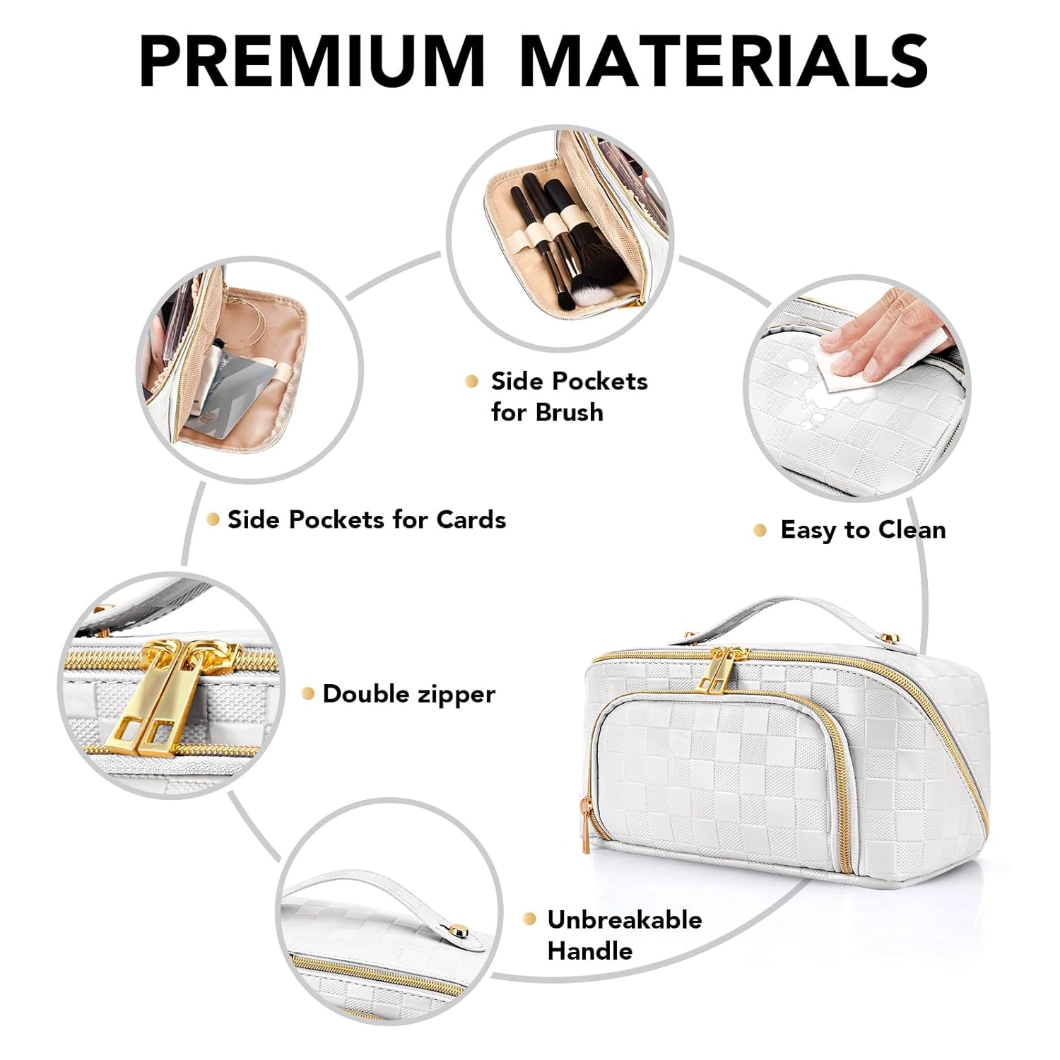 stona Travel Makeup Bag for Women, Large Capacity PU Leather Waterproof Checkered Cosmetic Bags, Portable Pouch Open Flat Toiletry Bag, Make up Organizer with Divider and Handle, White - Image 4