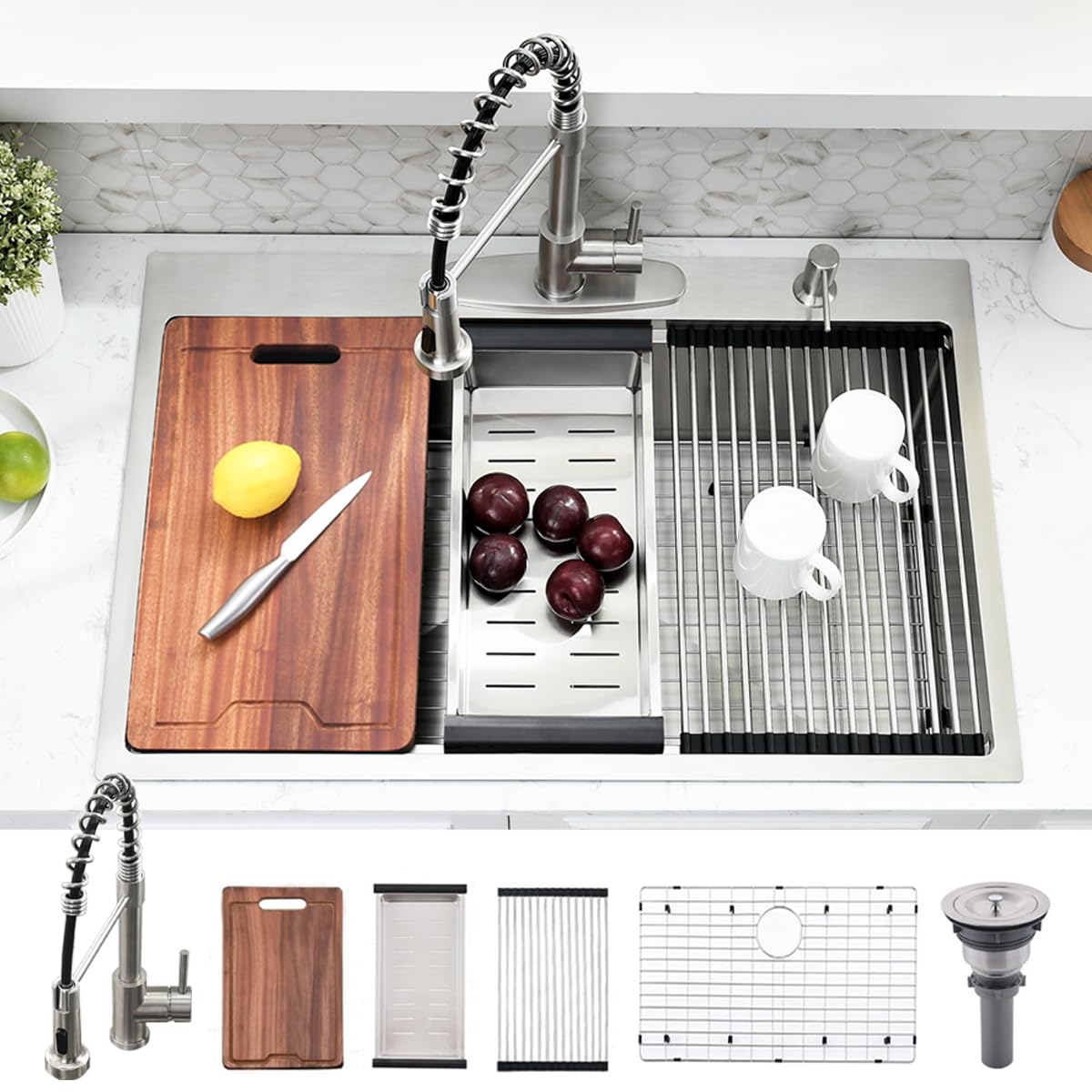 Évier de cuisine 83,8 cm pour simplifier vos repas de famille avec cuve profonde et accessoires