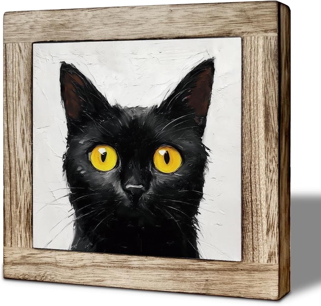 Cute Black Cat Tabletop Sign Wooden Box Decor, Funny Cat Oil Painting Style Desk Accent, Minimalist Animal Shelf Decor, Unique Gift for Cat Lovers or Home