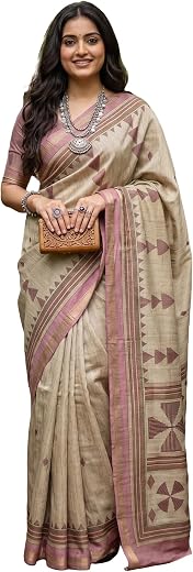 AKHILAM Women's Tussar Silk Ikat Print Saree With Unstitched Blouse Piece|Tussar Silk Saree For Women|Tussar Silk Saree (K...
